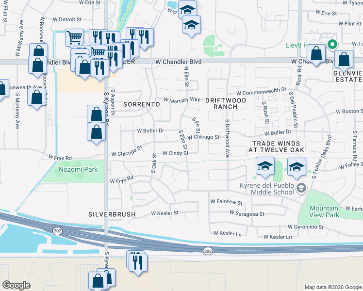 map of restaurants, bars, coffee shops, grocery stores, and more near 5607 West Cindy Street in Chandler