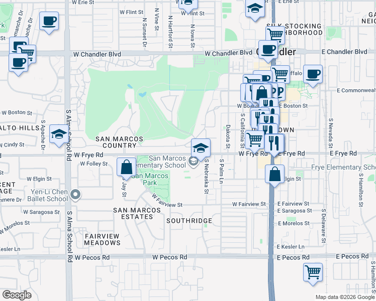 map of restaurants, bars, coffee shops, grocery stores, and more near 451 West Frye Road in Chandler