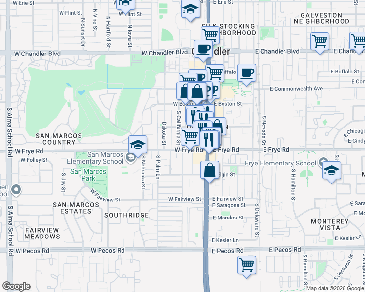 map of restaurants, bars, coffee shops, grocery stores, and more near 318 South Oregon Street in Chandler
