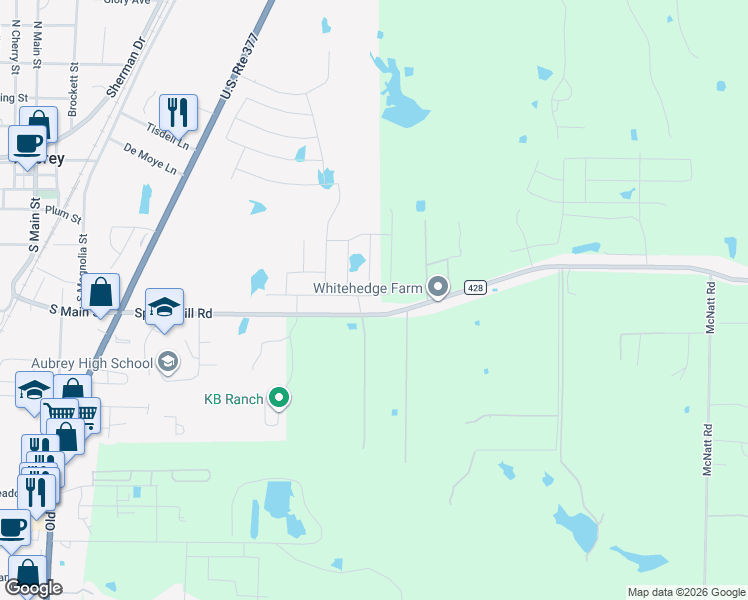 map of restaurants, bars, coffee shops, grocery stores, and more near 680 Spring Hill Road in Aubrey