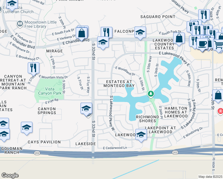 map of restaurants, bars, coffee shops, grocery stores, and more near 16258 South Lakewood Parkway West in Phoenix