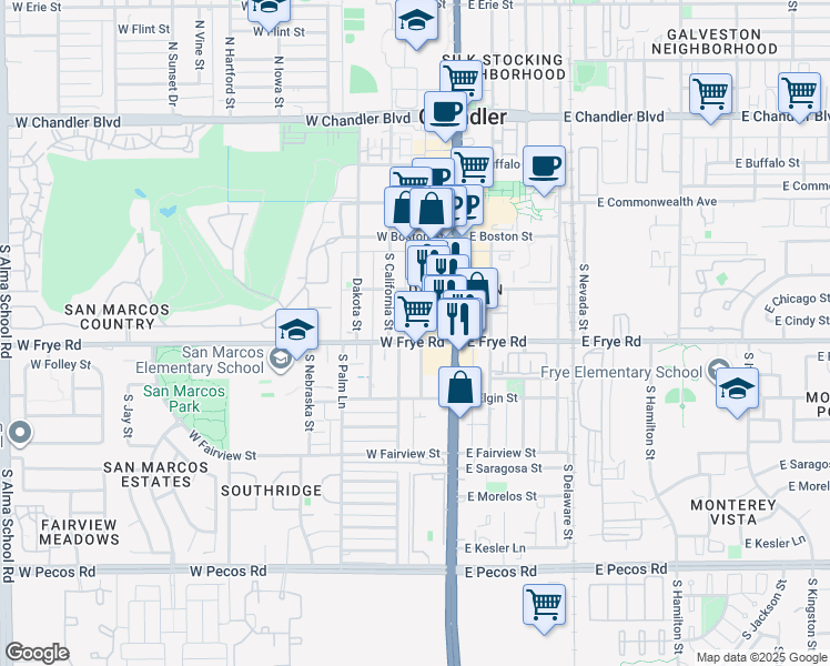 map of restaurants, bars, coffee shops, grocery stores, and more near 318 South Oregon Street in Chandler