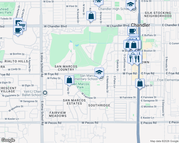 map of restaurants, bars, coffee shops, grocery stores, and more near 703 West Frye Road in Chandler