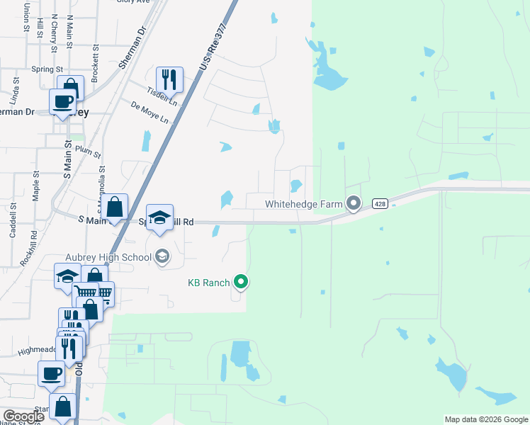 map of restaurants, bars, coffee shops, grocery stores, and more near 584 Spring Hill Road in Aubrey