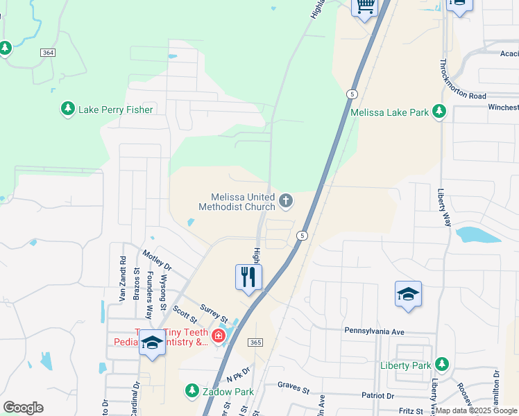 map of restaurants, bars, coffee shops, grocery stores, and more near 3827 Highland Road in Melissa