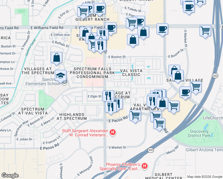 map of restaurants, bars, coffee shops, grocery stores, and more near 1659 East Joseph Way in Gilbert
