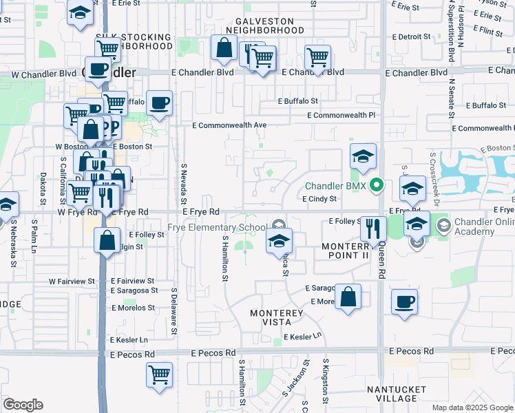 map of restaurants, bars, coffee shops, grocery stores, and more near 601 East Frye Road in Chandler