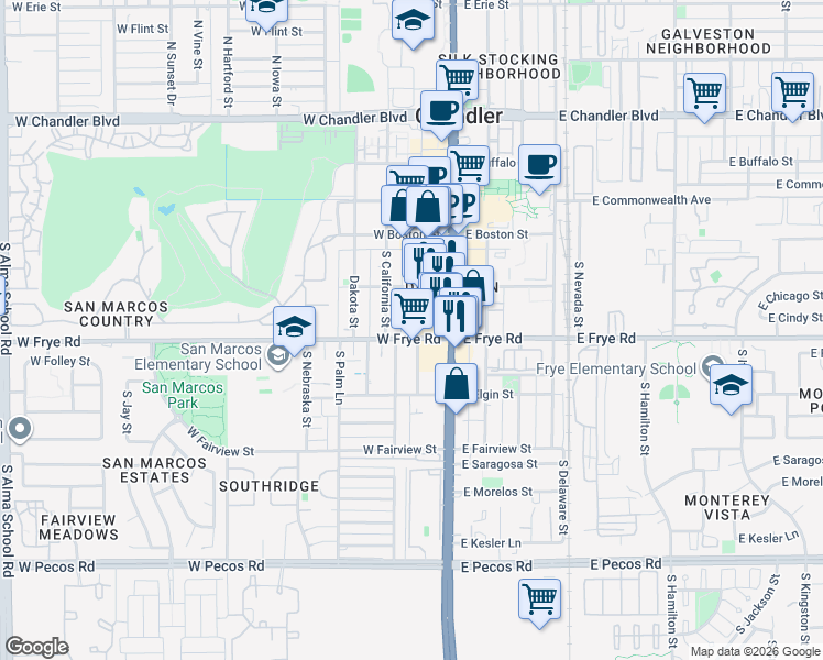 map of restaurants, bars, coffee shops, grocery stores, and more near 318 South Oregon Street in Chandler