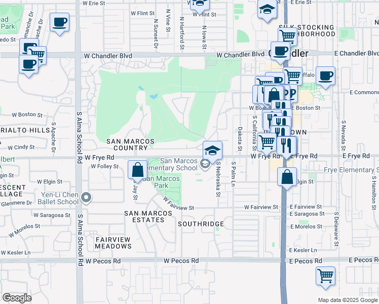 map of restaurants, bars, coffee shops, grocery stores, and more near 451 West Frye Road in Chandler