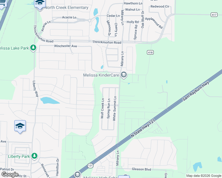 map of restaurants, bars, coffee shops, grocery stores, and more near 3814 Spring Run Lane in Melissa