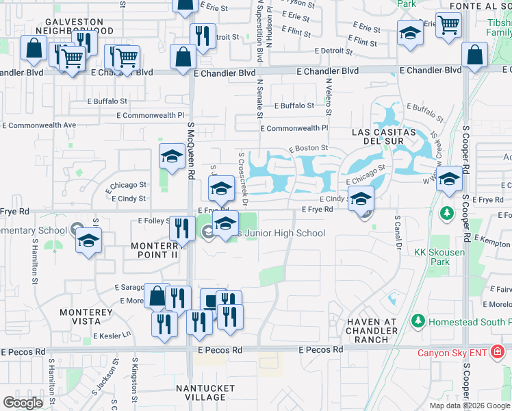 map of restaurants, bars, coffee shops, grocery stores, and more near 1225 East Frye Road in Chandler