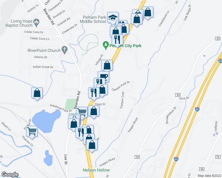 map of restaurants, bars, coffee shops, grocery stores, and more near 330 Park Canyon Drive in Pelham