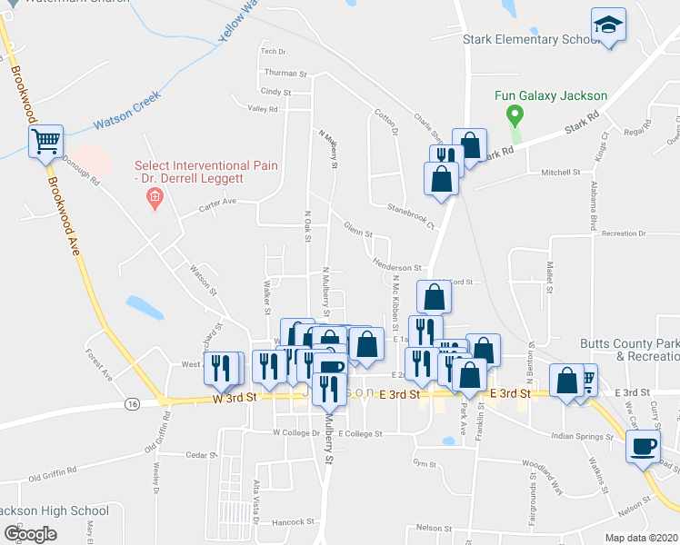 map of restaurants, bars, coffee shops, grocery stores, and more near 119 Duggan Street in Jackson