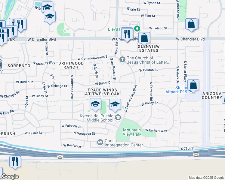 map of restaurants, bars, coffee shops, grocery stores, and more near 202 South Del Pueblo Street in Chandler