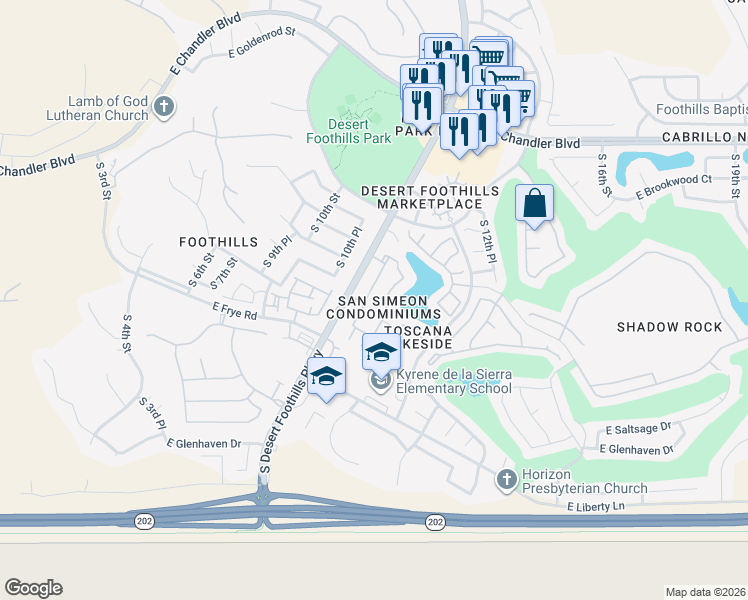 map of restaurants, bars, coffee shops, grocery stores, and more near 16013 South Desert Foothills Parkway in Phoenix