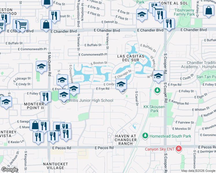 map of restaurants, bars, coffee shops, grocery stores, and more near 1433 East Chicago Circle in Chandler