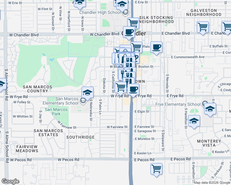 map of restaurants, bars, coffee shops, grocery stores, and more near 230 South California Street in Chandler