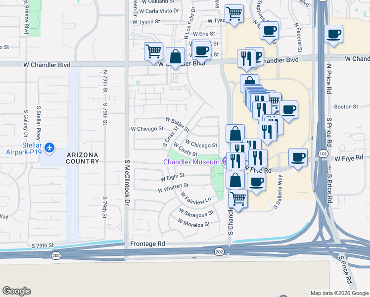 map of restaurants, bars, coffee shops, grocery stores, and more near 3668 West Chicago Street in Chandler