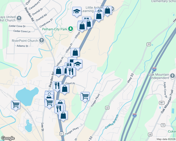 map of restaurants, bars, coffee shops, grocery stores, and more near 114 Canyon Trail in Pelham