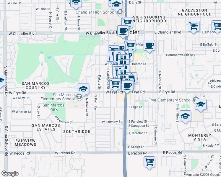 map of restaurants, bars, coffee shops, grocery stores, and more near 230 South Oregon Street in Chandler