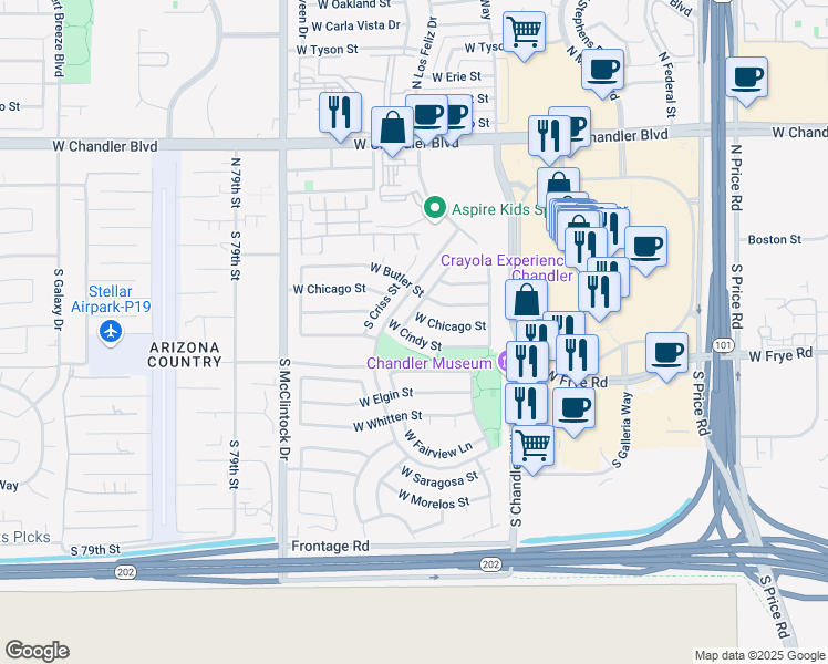 map of restaurants, bars, coffee shops, grocery stores, and more near 3668 West Chicago Street in Chandler
