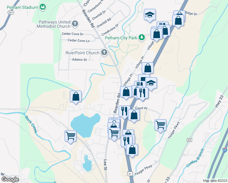 map of restaurants, bars, coffee shops, grocery stores, and more near 106 Chase Creek Terrace in Pelham