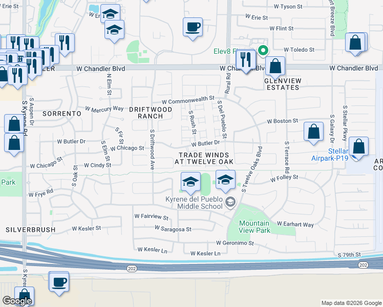 map of restaurants, bars, coffee shops, grocery stores, and more near 5253 West Jupiter Way in Chandler