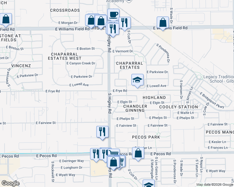map of restaurants, bars, coffee shops, grocery stores, and more near 3261 East Lowell Avenue in Gilbert
