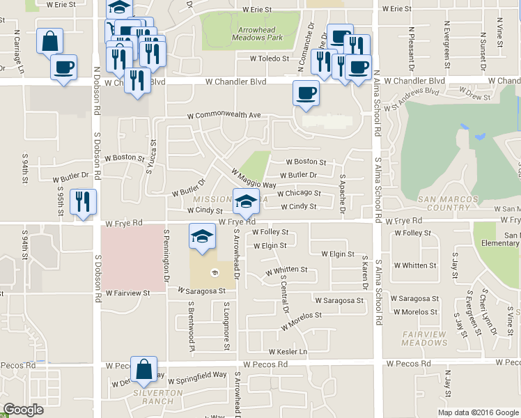 map of restaurants, bars, coffee shops, grocery stores, and more near 1341 West Chicago Street in Chandler