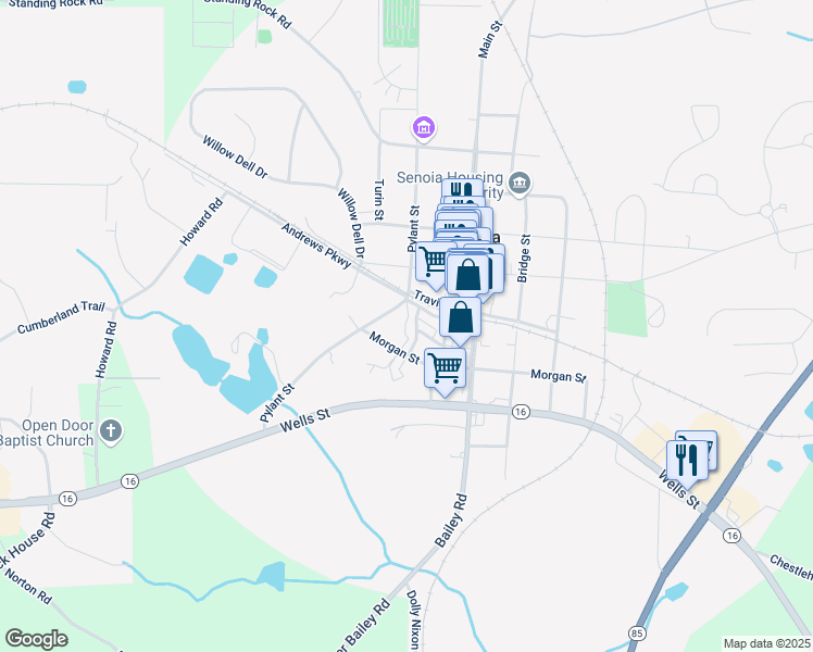 map of restaurants, bars, coffee shops, grocery stores, and more near 43 Lower Creek Trail in Senoia