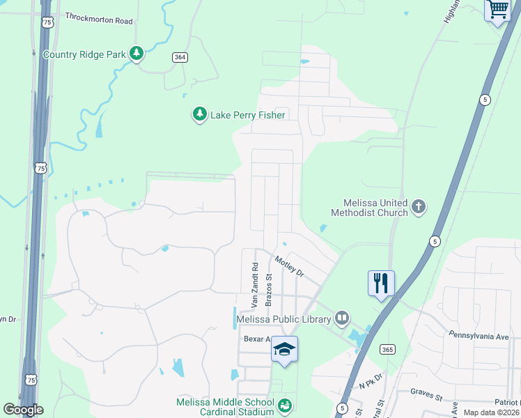 map of restaurants, bars, coffee shops, grocery stores, and more near 3813 Bastrop Street in Melissa