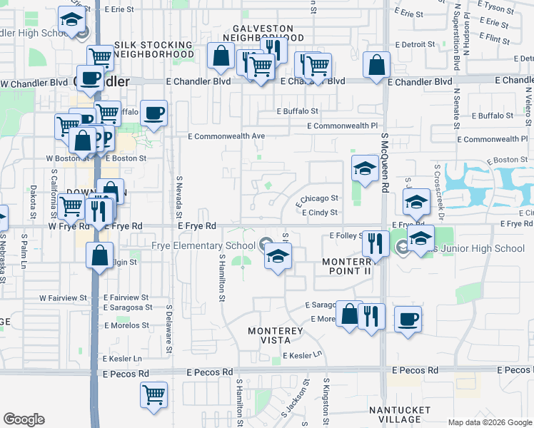 map of restaurants, bars, coffee shops, grocery stores, and more near 280 South Elizabeth Way in Chandler