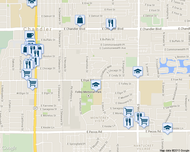 map of restaurants, bars, coffee shops, grocery stores, and more near 280 South Elizabeth Way in Chandler