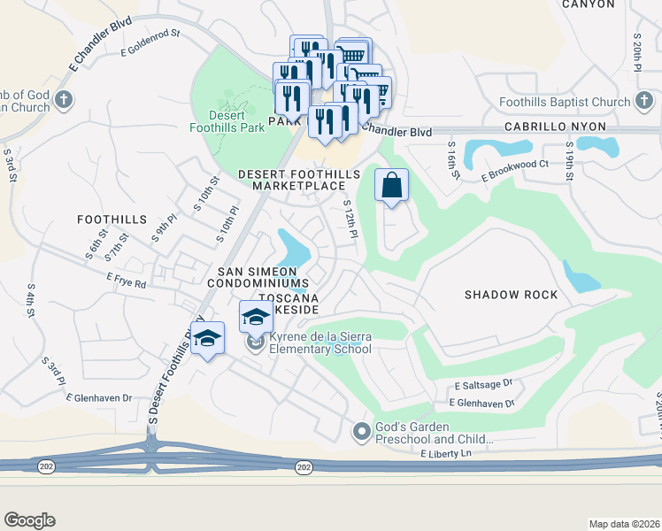 map of restaurants, bars, coffee shops, grocery stores, and more near 1201 East Amberwood Drive in Phoenix