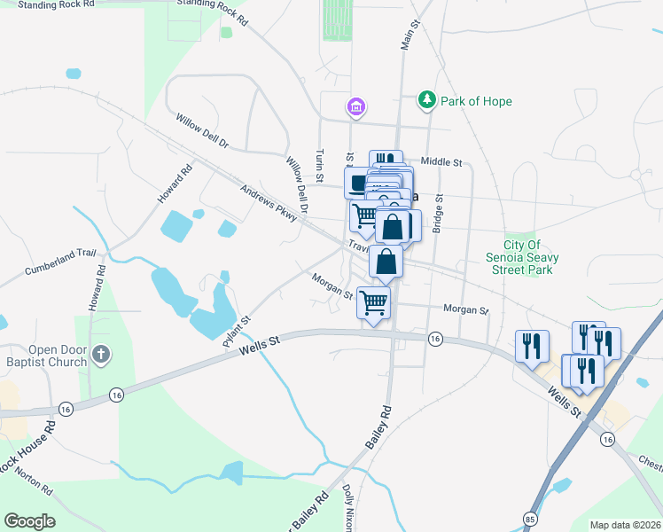 map of restaurants, bars, coffee shops, grocery stores, and more near 291 Pylant Street in Senoia