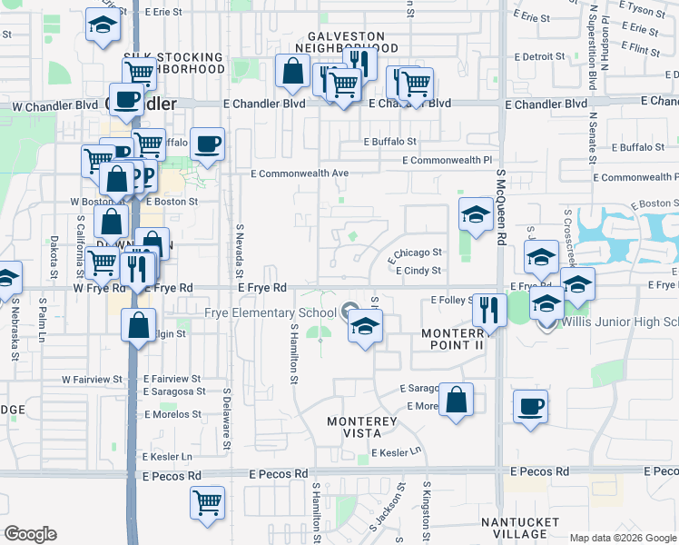 map of restaurants, bars, coffee shops, grocery stores, and more near 280 South Elizabeth Way in Chandler
