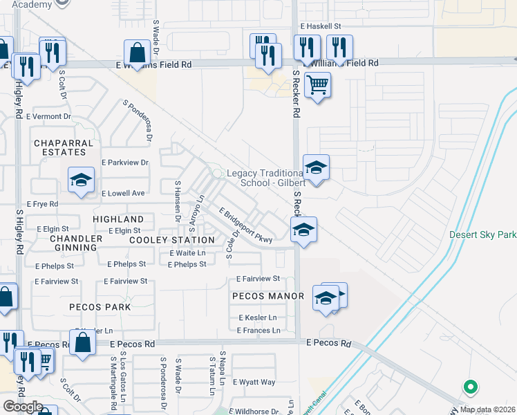 map of restaurants, bars, coffee shops, grocery stores, and more near 2811 South Cole Drive in Gilbert