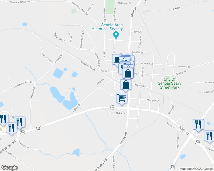 map of restaurants, bars, coffee shops, grocery stores, and more near 291 Pylant Street in Senoia