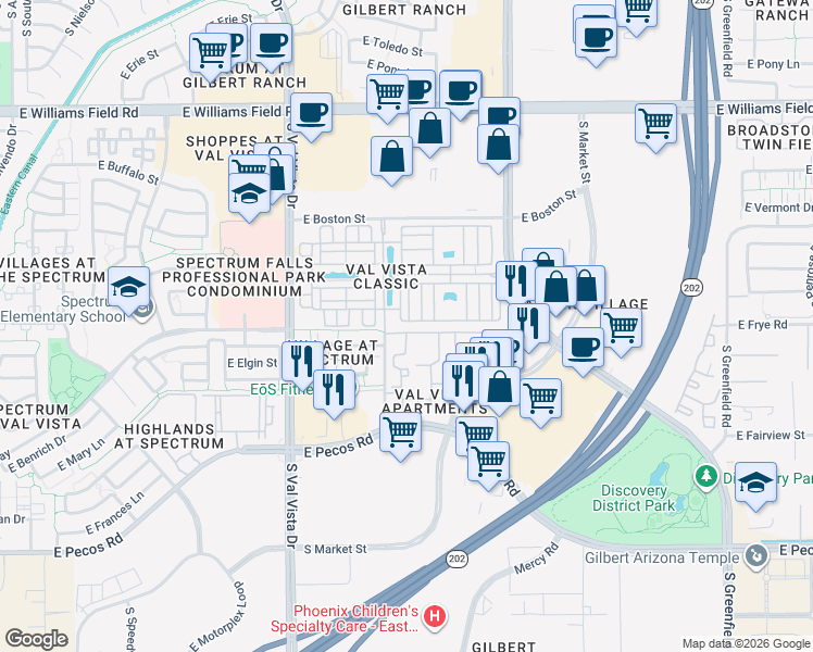 map of restaurants, bars, coffee shops, grocery stores, and more near 2778 South Voyager Drive in Gilbert