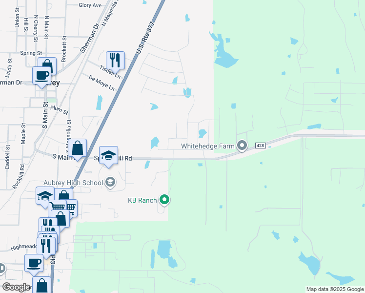 map of restaurants, bars, coffee shops, grocery stores, and more near 609 Spring Hill Road in Aubrey
