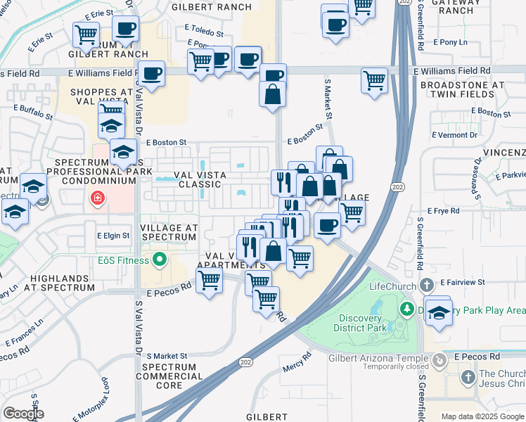 map of restaurants, bars, coffee shops, grocery stores, and more near 2781 South Equestrian Drive in Gilbert