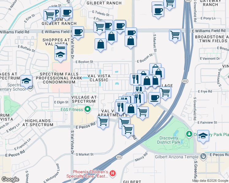 map of restaurants, bars, coffee shops, grocery stores, and more near 2772 South Catherine Drive in Gilbert