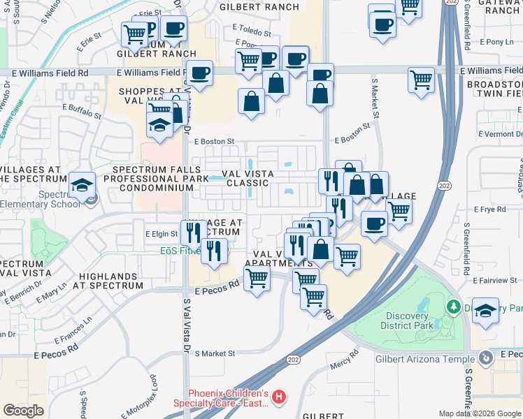map of restaurants, bars, coffee shops, grocery stores, and more near 2778 South Voyager Drive in Gilbert