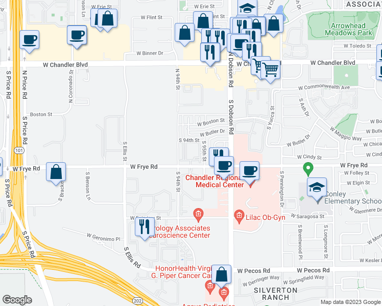 map of restaurants, bars, coffee shops, grocery stores, and more near 233 South 95th Street in Chandler