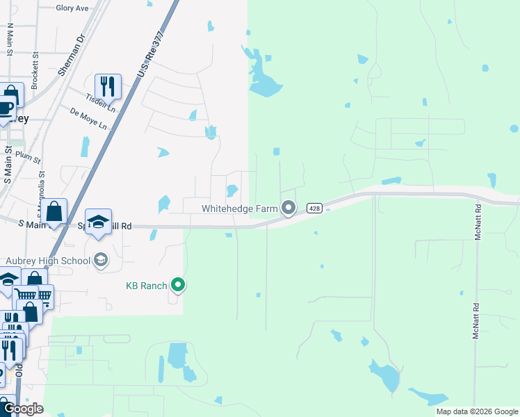 map of restaurants, bars, coffee shops, grocery stores, and more near 800 Spring Hill Road in Aubrey