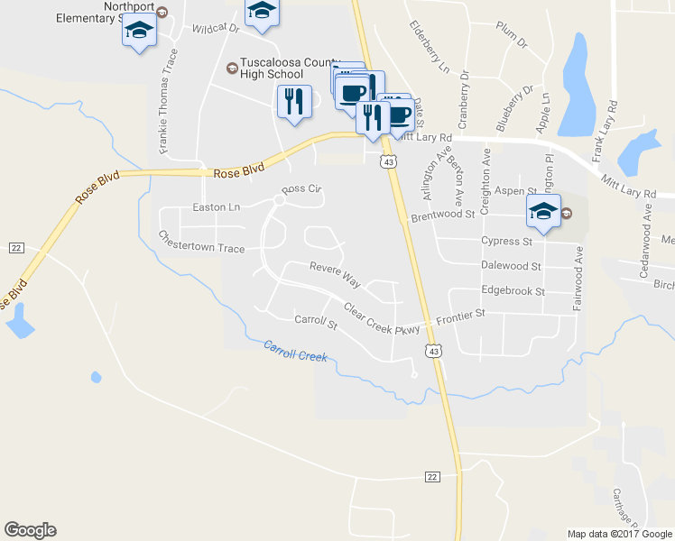 map of restaurants, bars, coffee shops, grocery stores, and more near 4539 Revere Way in Northport
