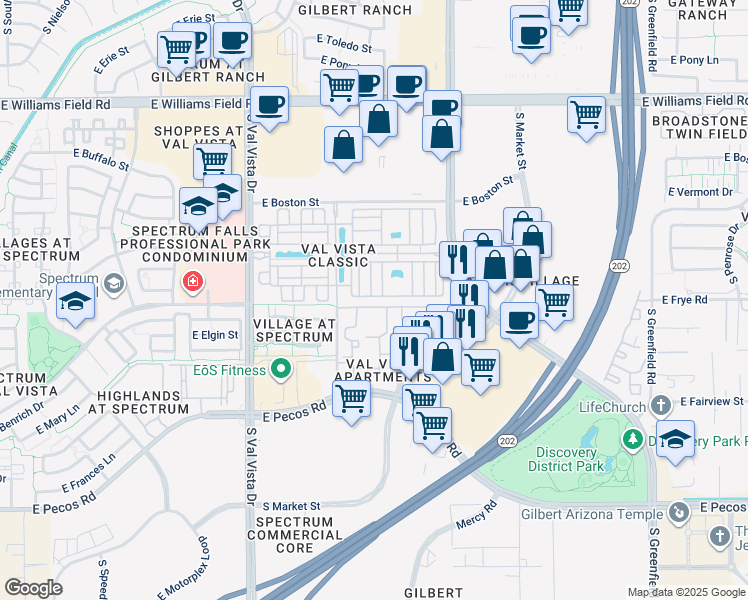 map of restaurants, bars, coffee shops, grocery stores, and more near 1851 East Frye Road in Gilbert