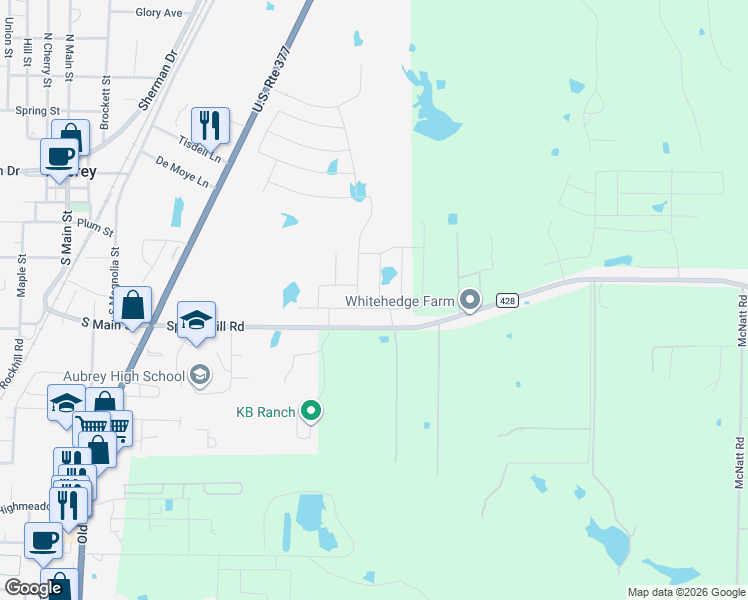 map of restaurants, bars, coffee shops, grocery stores, and more near 609 Spring Hill Road in Aubrey