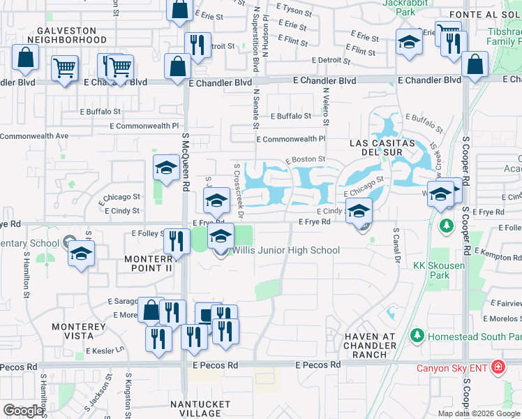 map of restaurants, bars, coffee shops, grocery stores, and more near 1260 East Cindy Street in Chandler