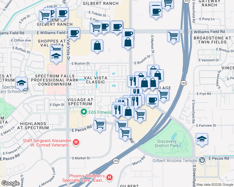 map of restaurants, bars, coffee shops, grocery stores, and more near 1909 East Frye Road in Gilbert